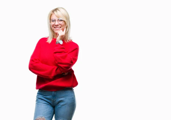 Young Beautiful Blonde Woman Wearing Sweater Glasses Isolated Background Looking — Stock Photo, Image