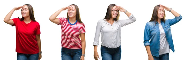 Collage Jeune Belle Fille Sur Fond Blanc Isolé Très Heureux — Photo