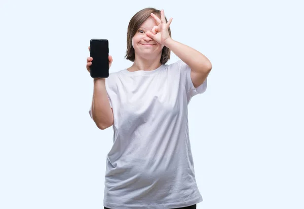 Νεαρή Ενήλικη Γυναίκα Σύνδρομο Εμφάνιση Οθόνη Smartphone Πέρα Από Απομονωμένο — Φωτογραφία Αρχείου