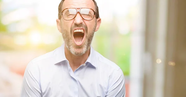 Średnim Wieku Człowiek Okularów Stresujące Przerażony Panice Krzycząc Zdenerwowany Sfrustrowany — Zdjęcie stockowe