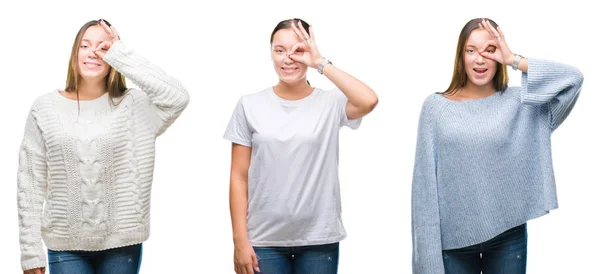 Collage Von Jungen Schönen Mädchen Die Winterpullover Über Weißem Isoliertem — Stockfoto