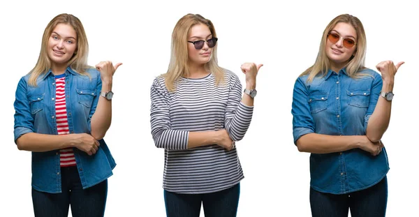 Collage Unga Vackra Blonda Kvinnan Bär Solglasögon Över Vita Isolerade — Stockfoto