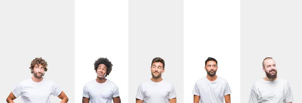 年轻的白种人拼贴 西班牙 非洲男人穿着白色 T恤在白色孤立的背景微笑着看一边 盯着思考 — 图库照片
