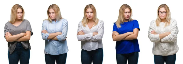 Collage Joven Hermosa Mujer Sobre Fondo Blanco Aislado Escéptico Nervioso —  Fotos de Stock