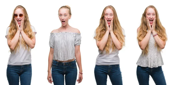 Collage Eines Jungen Blonden Mädchens Vor Weißem Isoliertem Hintergrund Erschrocken — Stockfoto