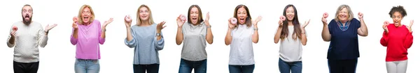 Collage Van Groep Mensen Donut Eten Geïsoleerde Achtergrond Erg Blij — Stockfoto