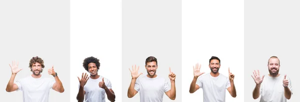 白い分離背景表示と指で上向きに白い シャツを着て若い白人 ヒスパニック 黒人男性のコラージュ ナンバー 自信を持って 幸せな笑みを浮かべて — ストック写真