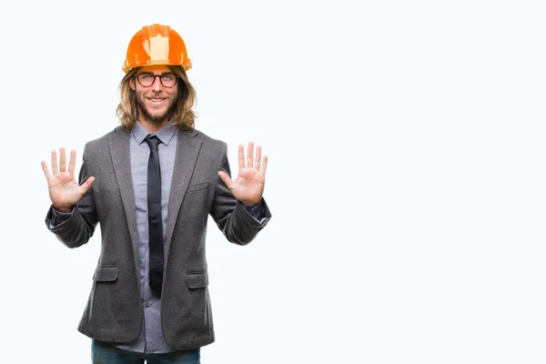 Joven Hombre Arquitecturas Guapo Con Pelo Largo Con Casco Seguridad —  Fotos de Stock