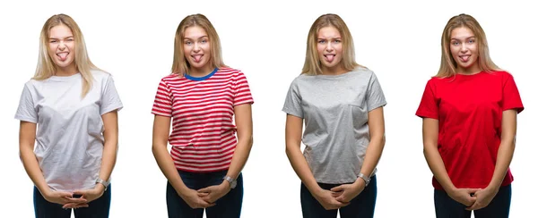 Collage Van Jonge Mooie Blonde Vrouw Met Een Shirt Witte — Stockfoto