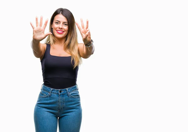 Joven Hermosa Mujer Sobre Fondo Aislado Mostrando Señalando Hacia Arriba —  Fotos de Stock