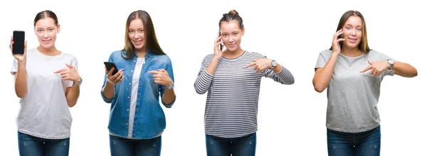 年轻女孩拼贴使用智能手机在白色隔离的背景与惊喜的脸指向自己 — 图库照片