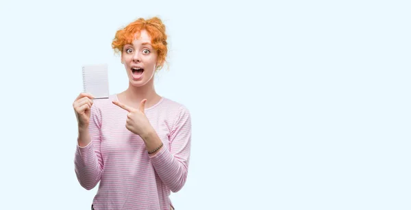 Jovem Ruiva Segurando Notebook Branco Muito Feliz Apontando Com Mão — Fotografia de Stock