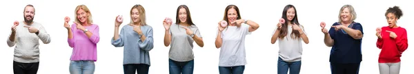 Colagem Grupo Pessoas Comendo Donut Sobre Fundo Isolado Muito Feliz — Fotografia de Stock