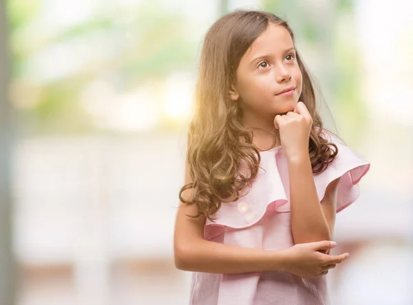 Brunette Hispanic Girl Wearing Pink Dress Hand Chin Thinking Question — Stock Photo, Image