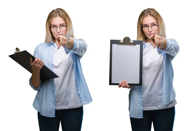 Collage Joven Mujer Negocios Rubia Hermosa Sosteniendo Portapapeles Sobre Fondo —  Fotos de Stock