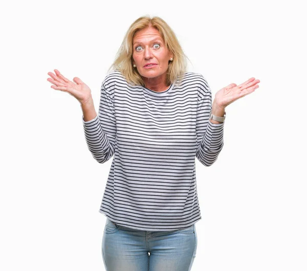 Blonde Vrouw Van Middelbare Leeftijd Geïsoleerde Achtergrond Clueless Verward Expressie — Stockfoto