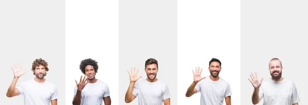 Collage Jóvenes Caucásicos Hispanos Afro Hombres Con Camiseta Blanca Sobre — Foto de Stock