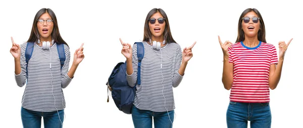 Collage of asian young student woman wearing headphones and backpack over white isolated background amazed and surprised looking up and pointing with fingers and raised arms.