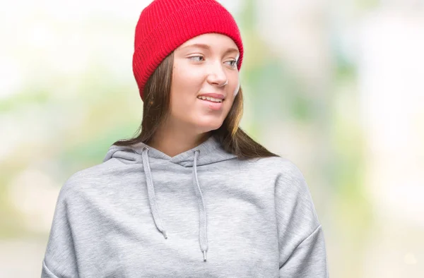 Mujer Hermosa Caucásica Joven Con Gorra Lana Sobre Fondo Aislado — Foto de Stock