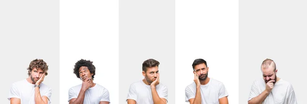 年轻的白种人 西班牙裔 非洲男子穿着白色 T恤在白色孤立的背景认为看起来疲惫和厌倦与交叉的手臂抑郁症的问题 — 图库照片