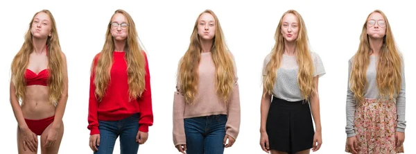 Collage Ung Blond Tjej Över Vit Isolerade Bakgrund Pustande Kinder — Stockfoto