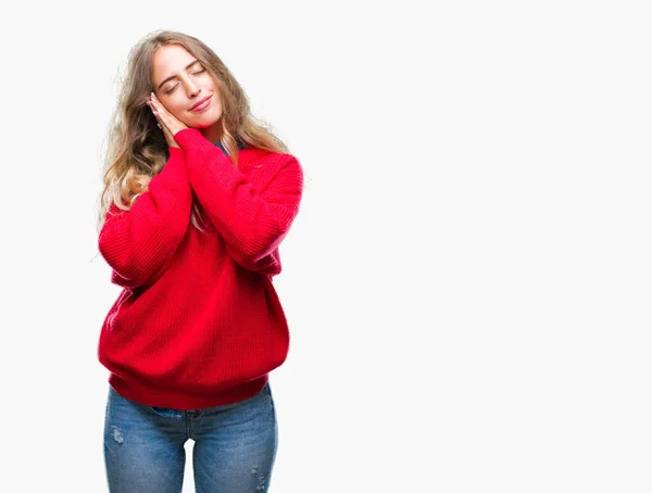 Beautiful Young Blonde Woman Wearing Winter Sweater Isolated Background Sleeping — Stock Photo, Image