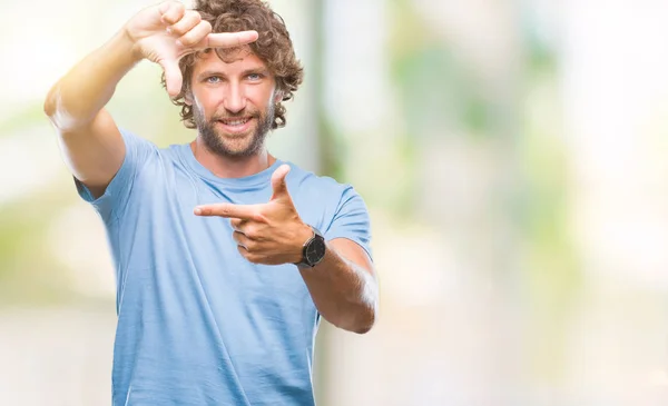 Handsome Hispanic Model Man Isolated Background Smiling Making Frame Hands — Stock Photo, Image