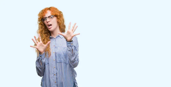 Young Redhead Bussines Woman Afraid Terrified Fear Expression Stop Gesture — Stock Photo, Image