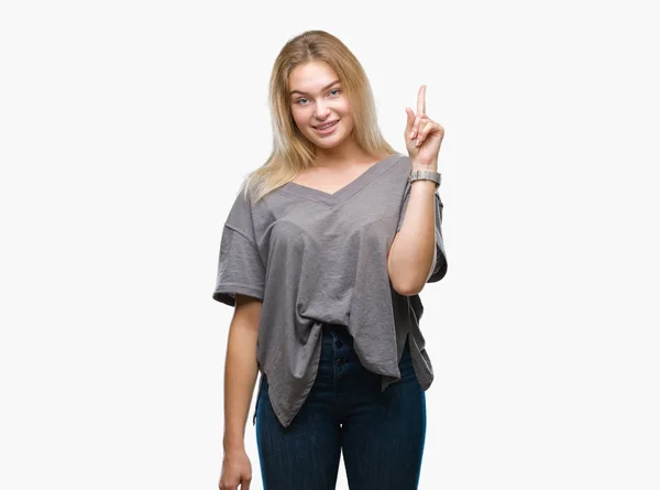 Jeune Femme Caucasienne Sur Fond Isolé Pointant Doigt Avec Une — Photo