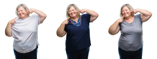 Colagem Mulher Gorda Sênior Sobre Fundo Isolado Sorrindo Confiante Mostrando — Fotografia de Stock