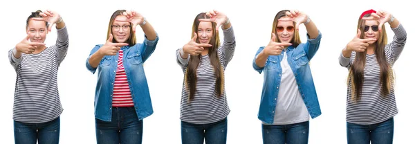 Koláž Mladá Krásná Brunetka Nad Pozadím Izolované Provedení Rámu Rukama — Stock fotografie