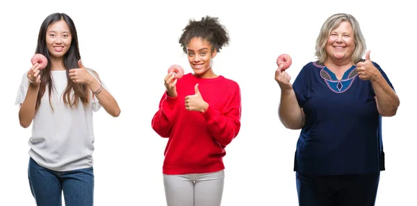 Colagem Chineses Afro Americanos Caucasianos Comendo Donut Sobre Fundo Isolado — Fotografia de Stock