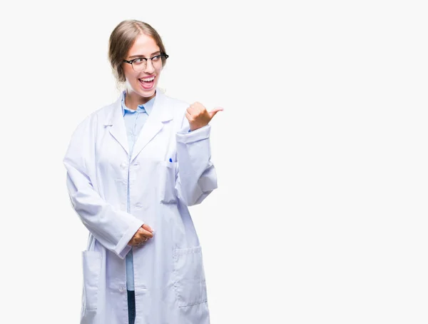 Beautiful Young Blonde Doctor Woman Wearing White Coat Isolated Background — Stock Photo, Image
