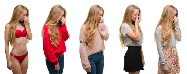 Collage Ung Blond Tjej Över Vita Isolerade Bakgrund Trött Gnugga — Stockfoto