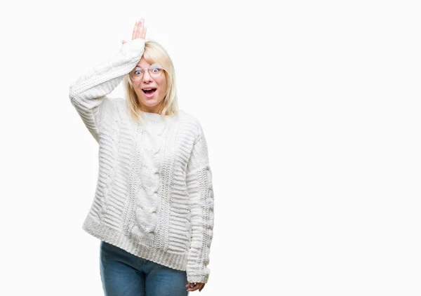 Young Beautiful Blonde Woman Wearing Winter Sweater Glasses Isolated Background — Stock Photo, Image