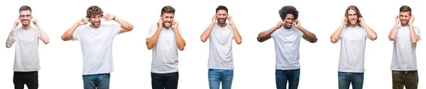 Collage Jóvenes Caucásicos Hispanos Afro Hombres Con Camiseta Blanca Sobre —  Fotos de Stock