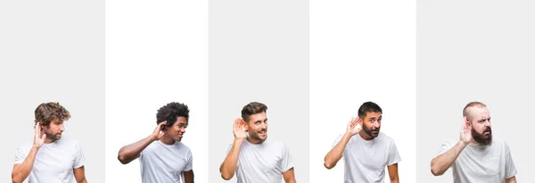 噂やゴシップに審理をリスニングの耳に手を浮かべて白い分離背景に白い シャツを着て若い白人 ヒスパニック 黒人男性のコラージュ 難聴の概念 — ストック写真