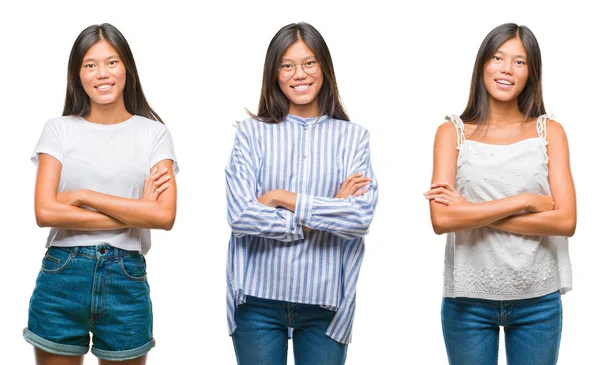 Colagem Asiático Jovem Mulher Sobre Branco Isolado Fundo Feliz Rosto — Fotografia de Stock