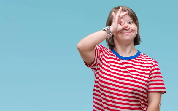 Young Adult Woman Syndrome Isolated Background Doing Gesture Hand Smiling — Stock Photo, Image