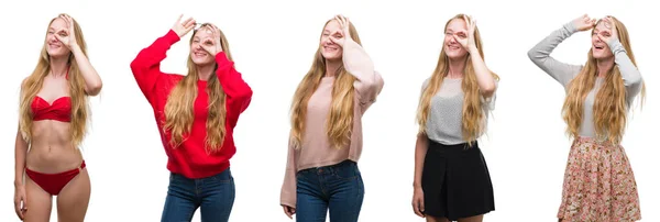 Collage Young Blonde Girl White Isolated Background Doing Gesture Hand — 图库照片