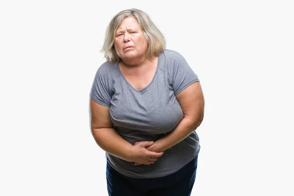 Senior Grootte Kaukasische Vrouw Geïsoleerd Achtergrond Met Hand Maag Omdat — Stockfoto