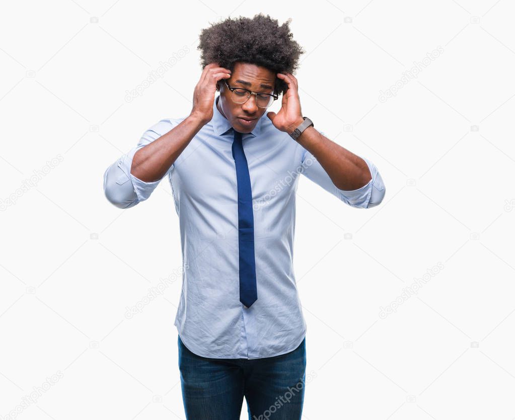 Afro american business man wearing glasses over isolated background with hand on head for pain in head because stress. Suffering migraine.