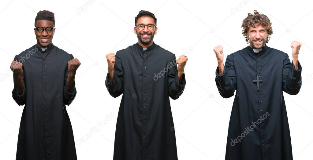 Collage of christian priest men over isolated background celebrating surprised and amazed for success with arms raised and open eyes. Winner concept.
