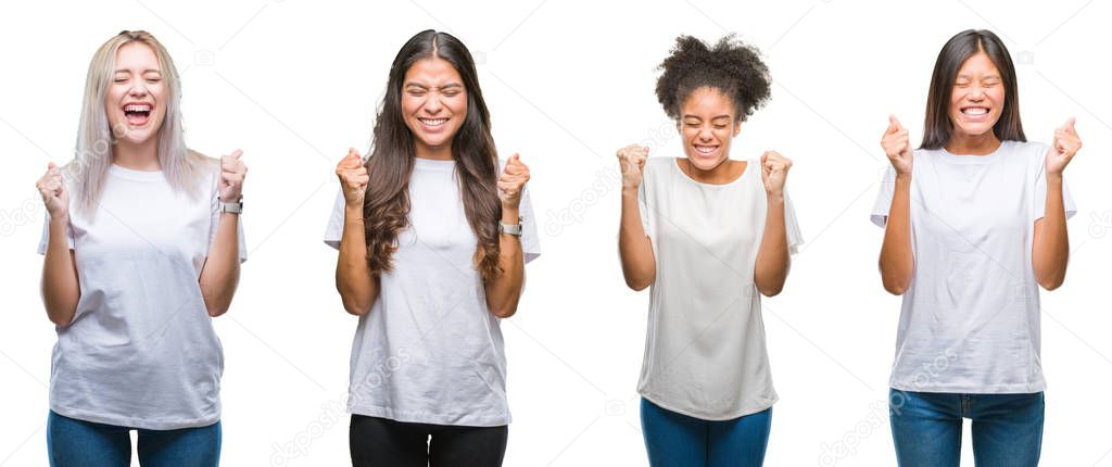 Collage of group of chinese, arab, african american woman over isolated background excited for success with arms raised celebrating victory smiling. Winner concept.