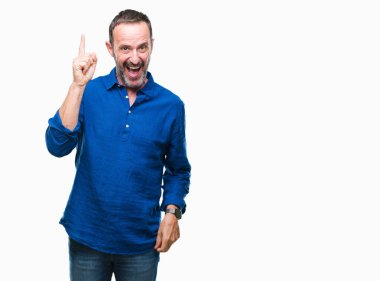 Orta yaş başarılı fikirle parmağı yukarıyı izole arka plan üzerinde ağarmış komuta sizde. Çıktıktan ve mutlu. Bir numara.