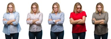 Kolaj genç güzel sarışın kadının yere beyaz izole backgroud şüpheci ve sinir, onaylamayan ifade yüz çapraz kolları üzerinde. Negatif kişi.