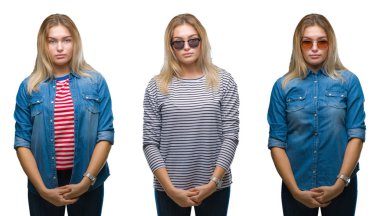 Kolaj genç güzel sarışın kadının yüzünde ciddi bir ifade ile beyaz izole kağıt üzerinde güneş gözlüğü takıyor. Basit ve doğal kameraya bakıyor.