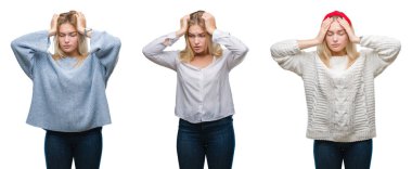 Kolaj genç güzel sarışın kadının üzerinde beyaz izole backgroud çünkü umutsuz ve stresli baş ağrısı acı acı ve migren. Ellerini kafasına.