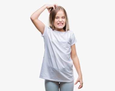 Genç güzel kız izole arka plan üzerinde yanıltır ve soru hakkında merak ediyorum. Şüphe, kafasına el ile düşünme ile belirsiz. Dalgın kavramı.