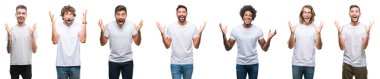 Kolaj üzerinde beyaz beyaz t-shirt giyen genç beyaz, İspanyol, afro adam deli kutluyor arka plan izole ve başarı için kaldırdı kollarını açarak hayrete ve heyecanlı çığlık gözleri açık. Kazanan kavramı